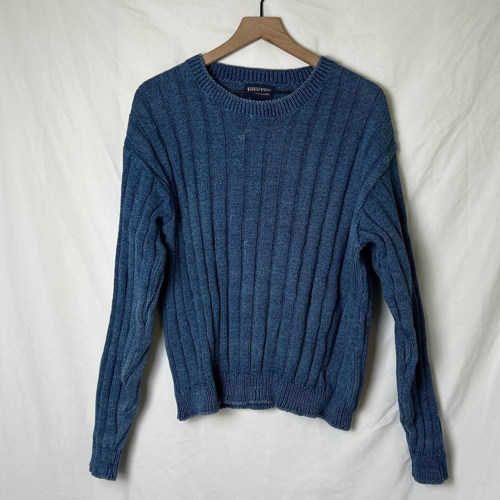 Lands End Womens Vintage Ribbed Cotton Crewneck Sweater Size Large Blue Classic